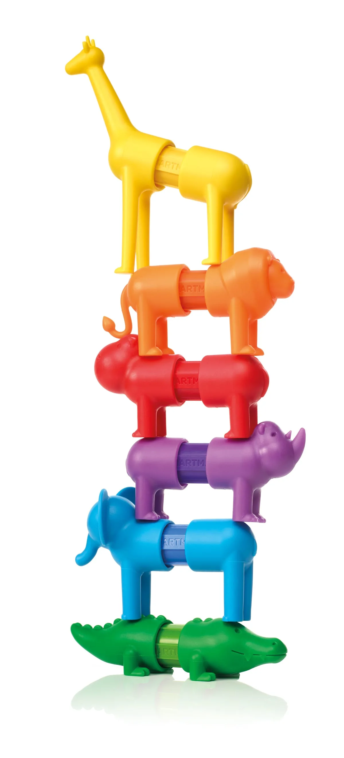 Six safari creatures stack into a teetering tower, showcasing the magnetic bar-and-ball connection s
