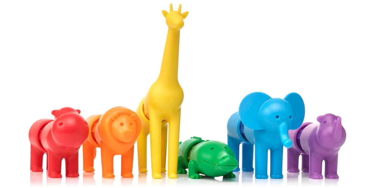 The full safari lineup: giraffe, lion, hippo, elephant, rhino, and crocodile in saturated primary co