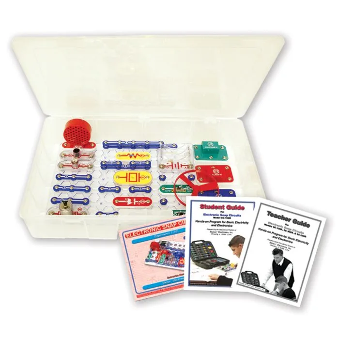 The kit as it arrives: snap-together components in a clamshell tray, paired with student and teacher