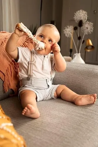 An infant mouths the giraffe's head, the ergonomic feature that drives most of the chewing behavior.