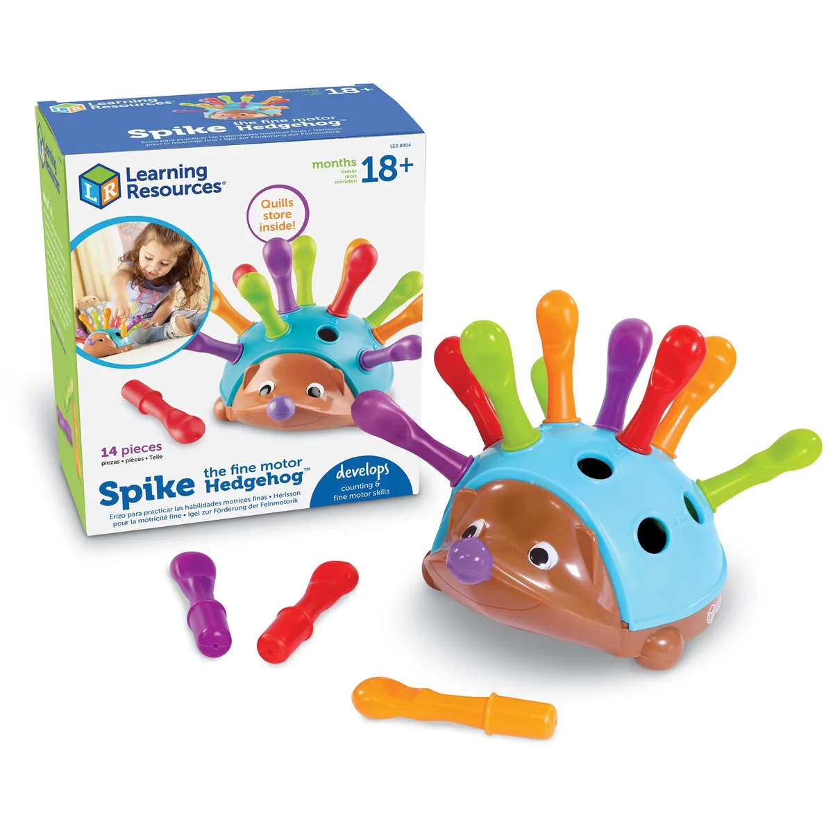 Spike with packaging — fourteen pieces, ages eighteen months and up, quills store inside.