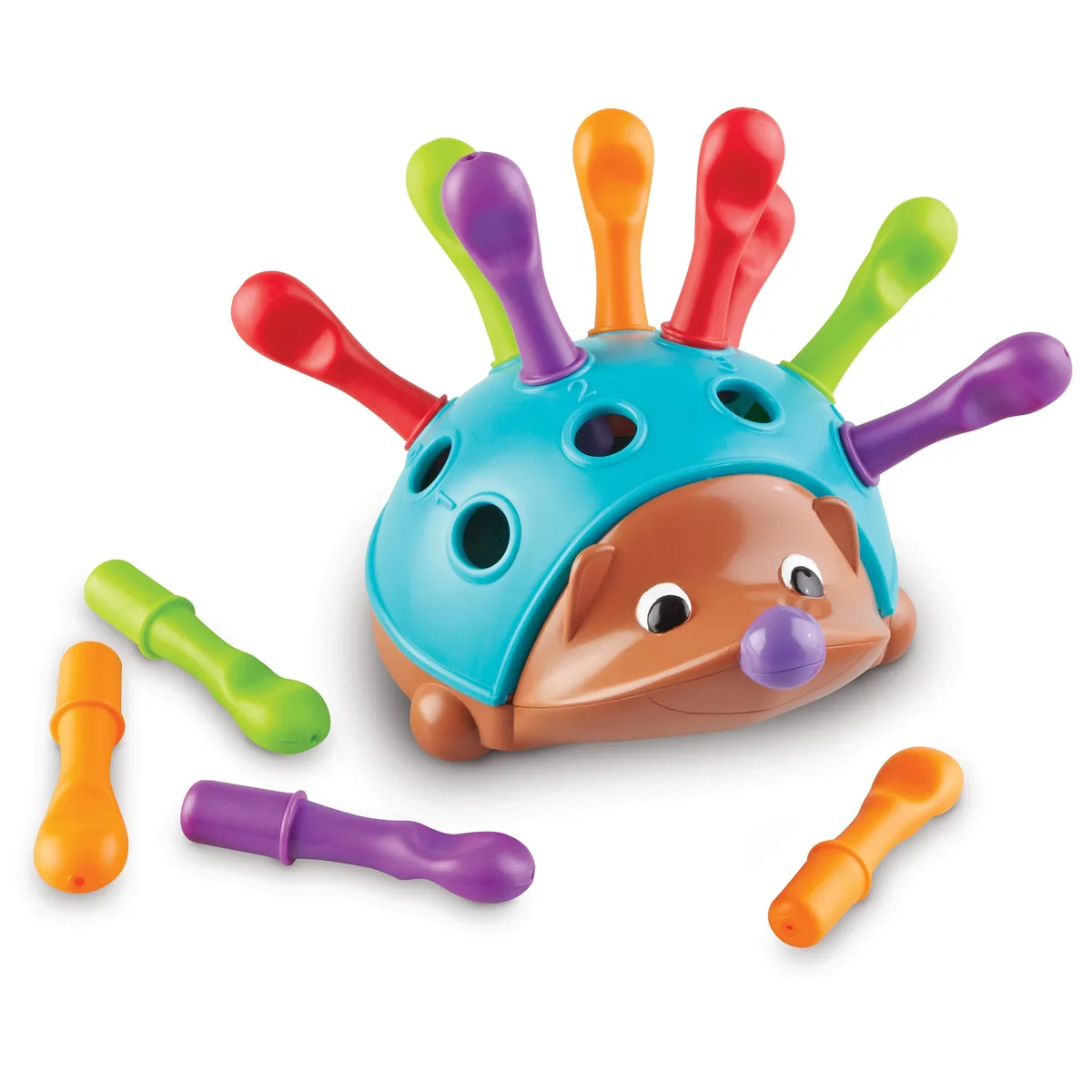 All twelve quills out, showing the colored pegs toddlers must align with each hole.