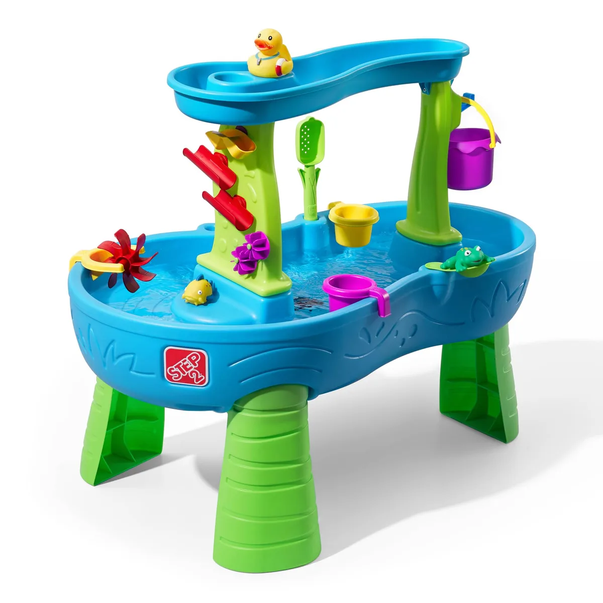 The Splash Pond out of the box: a two-tier basin, rain tower, and a yellow duck that sets the tone.