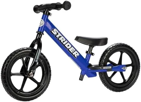 The Strider 12 Sport in cobalt blue, showing the low step-through frame and foam tires.