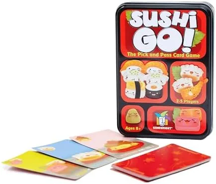 The compact tin packaging and a fan of cards — the entire game fits in a coat pocket.