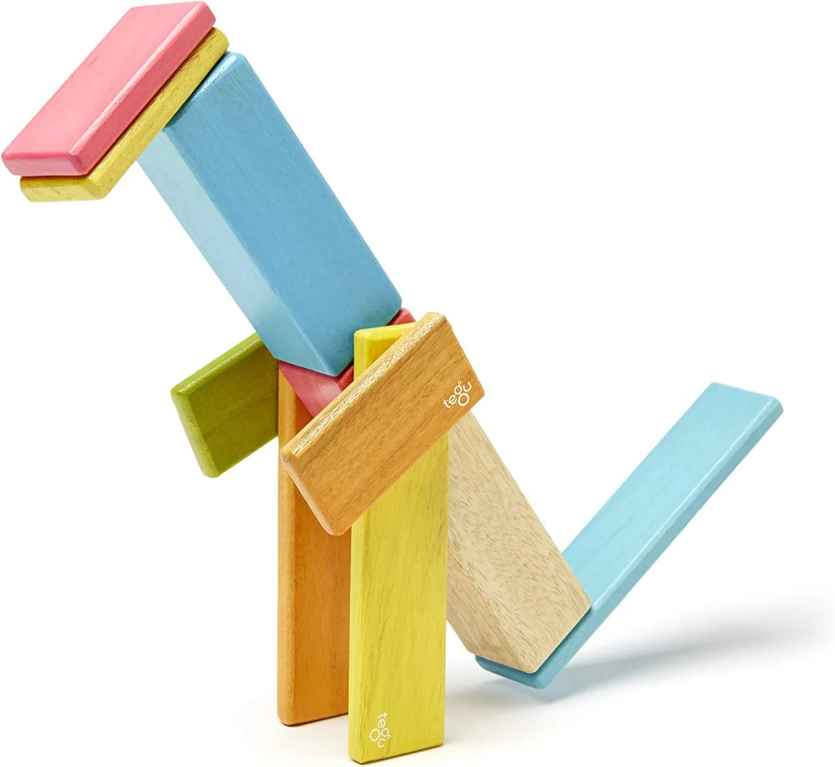 A single child-built figure shows how Tegu's hidden magnets snap blocks into improbable, gravity-def
