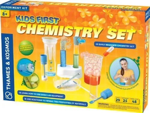 The Kids First Chemistry Set's retail box, age-graded eight-plus and labeled an early beginner kit.
