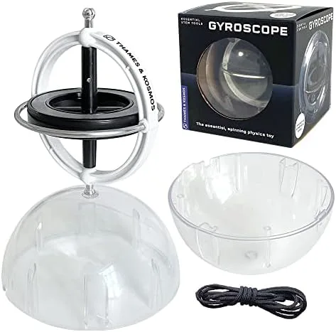 The Gyroscope Lab kit contents: metal gyroscope, two-piece sphere case, and launching string.