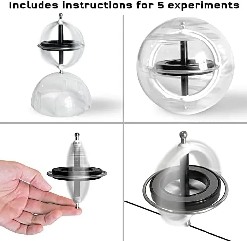 Four configurations from the manual: free-spin, sphere-balanced, hand-launched, and string-suspended