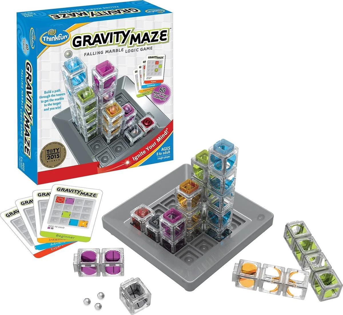 The complete Gravity Maze setup: target board, sixty challenge cards, and clear stackable towers.