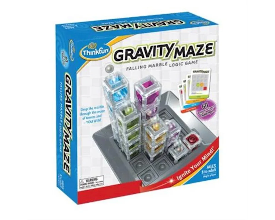 Box art shows the marble's path snaking through stacked translucent towers toward the target.