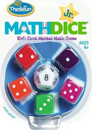 Math Dice Jr in retail packaging, with a twelve-sided target die ringed by six-sided scoring dice.