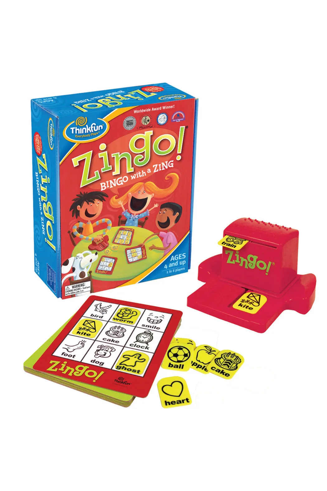 The full Zingo set: box, dispenser, double-sided cards, and yellow-tile vocabulary.