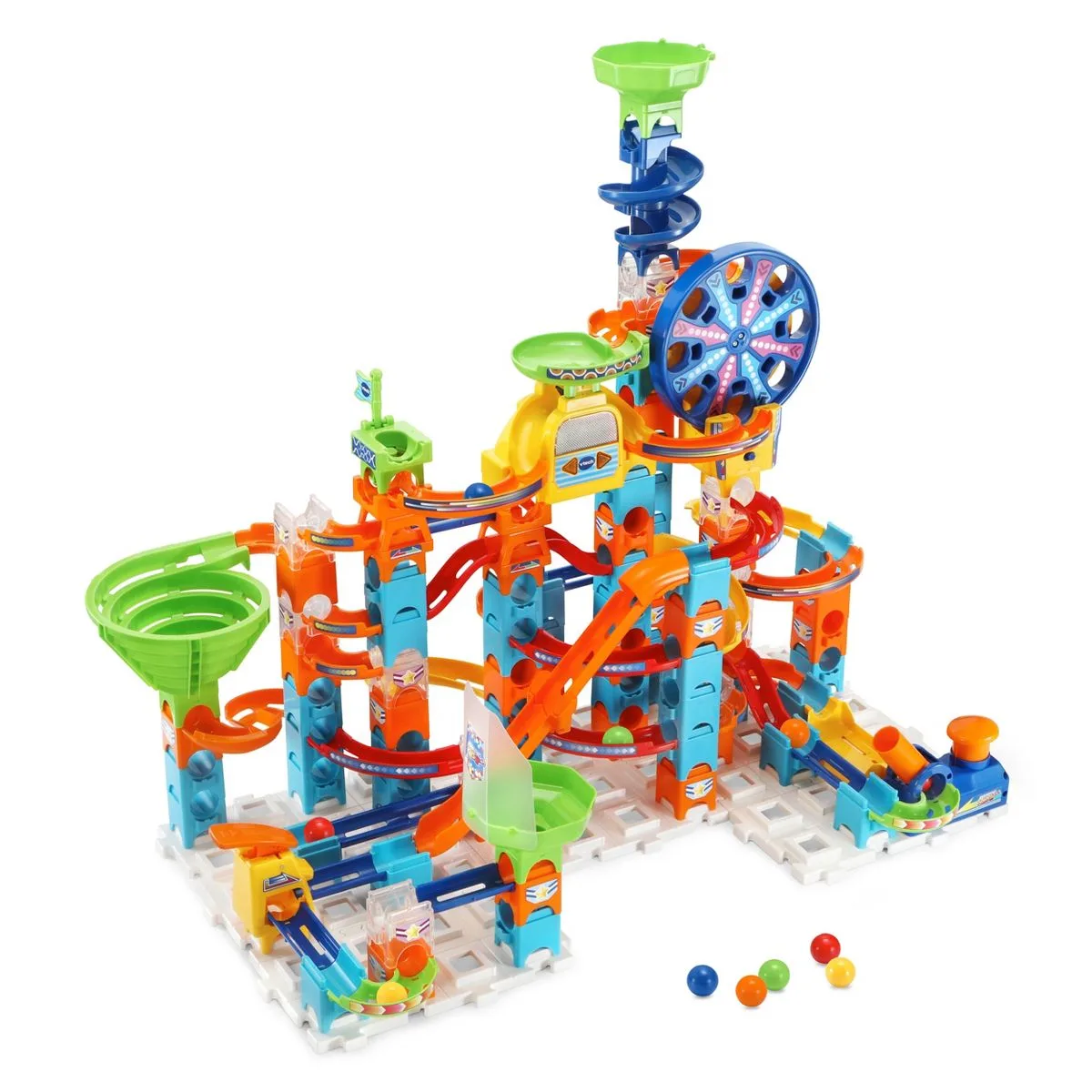 The fully assembled Super Action Set, including spiral tower, light wheel, and launcher.