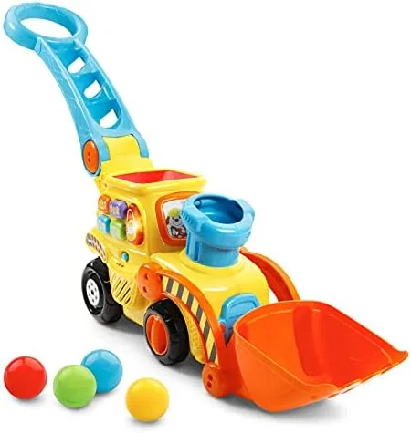 The Pop-a-Balls Bulldozer with detachable push handle and four colored balls ready for loading.