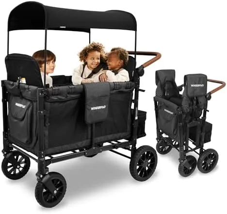 Three children seated under the canopy alongside the wagon's folded profile, illustrating scale and 