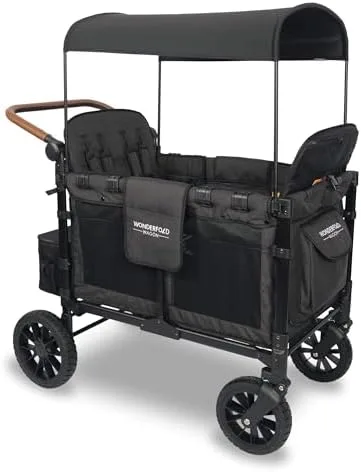 Empty, the wagon reveals its harness system, mesh ventilation panels, and leather-trimmed push handl